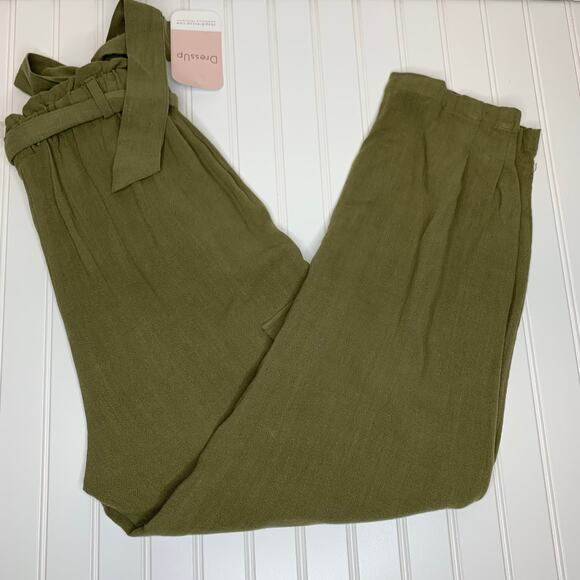 Loveriche Army GreenLinen  Pants PaperBag Waist Sz Large - Picture 1 of 7